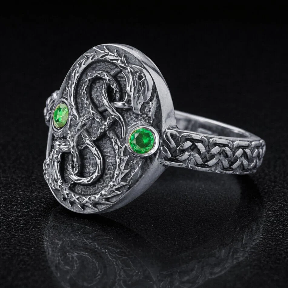 Viking Silver Serpent Ring with Green Stones - Image 2