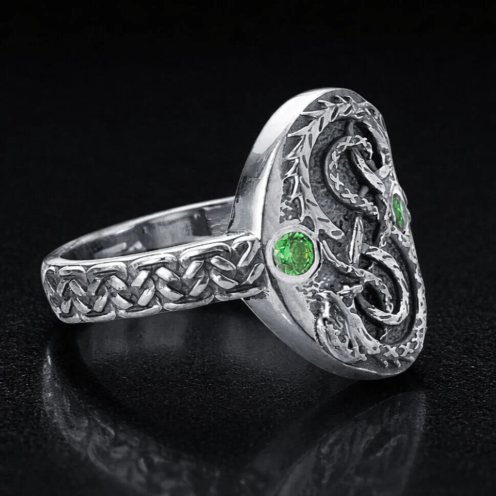 Viking Silver Serpent Ring with Green Stones - Image 3
