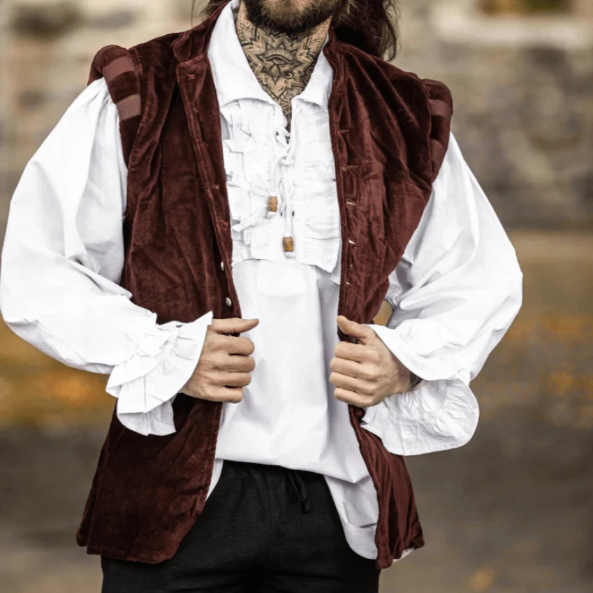 Red Sleeveless Viking Vest | Velvet with Button Closure - Image 2
