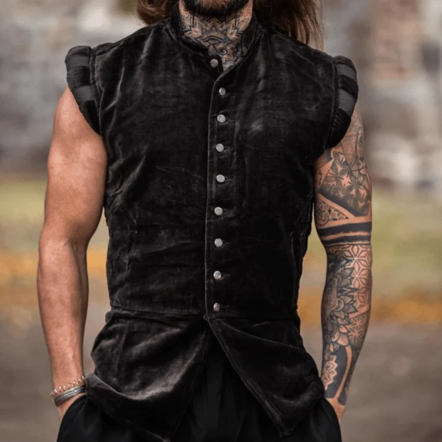 Brown Sleeveless Viking Vest | Velvet with Button Closure - Image 3
