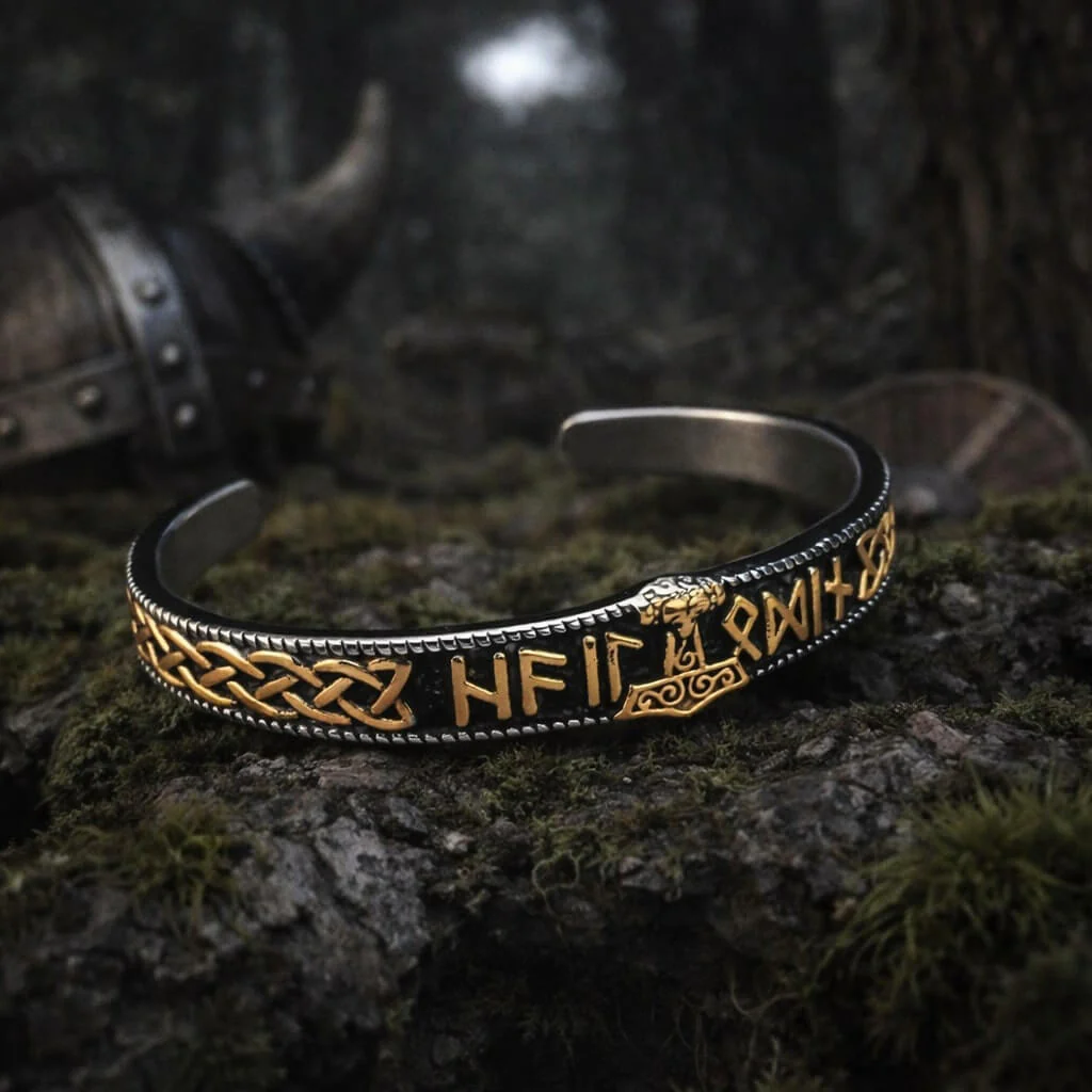 Viking Thor Hammer Runic Cuff Bracelet