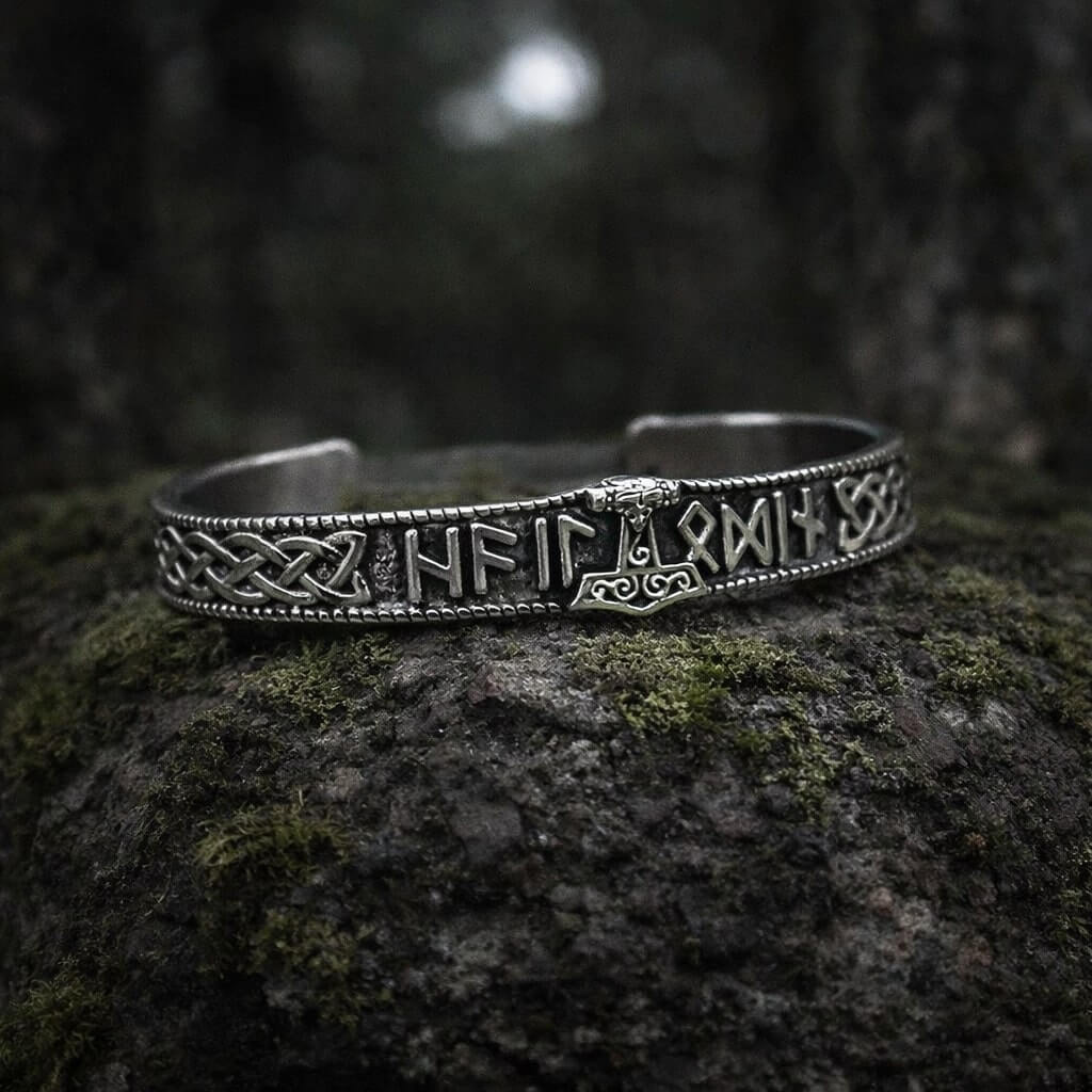 Viking Thor Hammer Runic Cuff Bracelet - Image 2