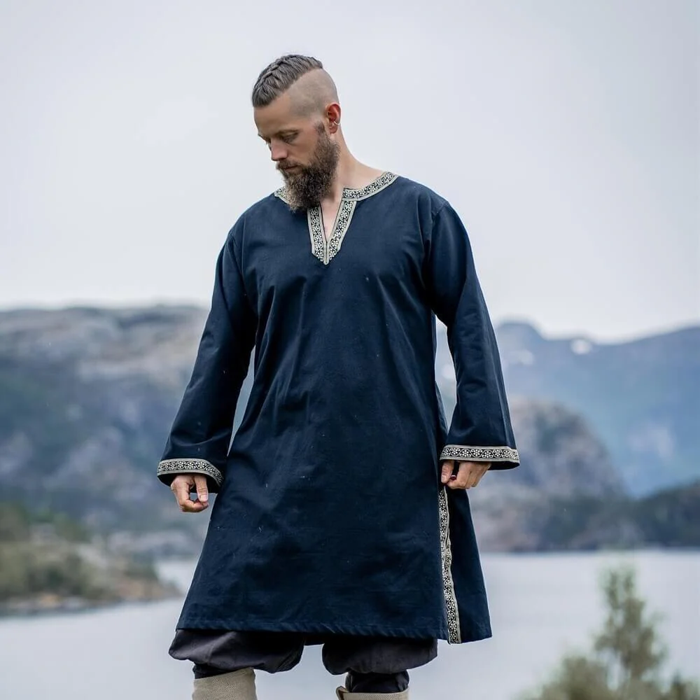 Black Viking Tunic | Embroidered Border, Knee-Length - Image 2