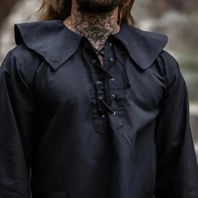 Black Viking Shirt | Wide Round Collar with Lacing - Image 4