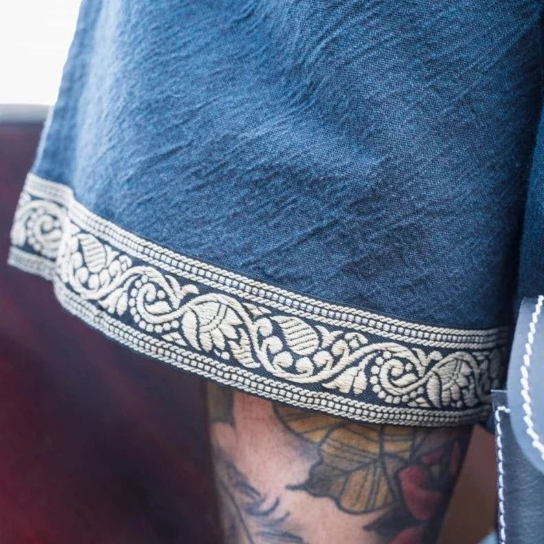 Blue Viking Tunic with Short Sleeves, Embroidered Border - Image 4