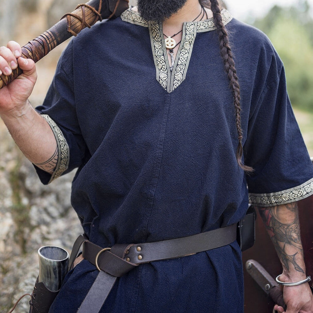 Dark Blue Viking Tunic with Short Sleeves, Embroidered Border - Image 4