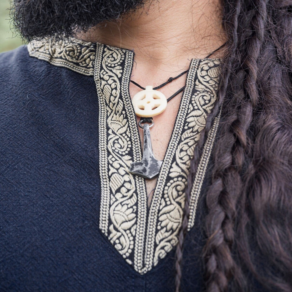 Dark Blue Viking Tunic with Short Sleeves, Embroidered Border - Image 5