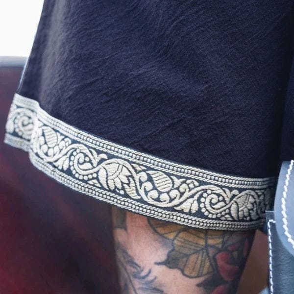 Dark Blue Viking Tunic with Short Sleeves, Embroidered Border - Image 6