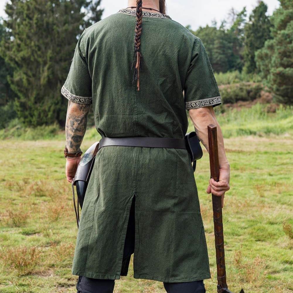 Green Viking Tunic with Short Sleeves, Embroidered Border - Image 4