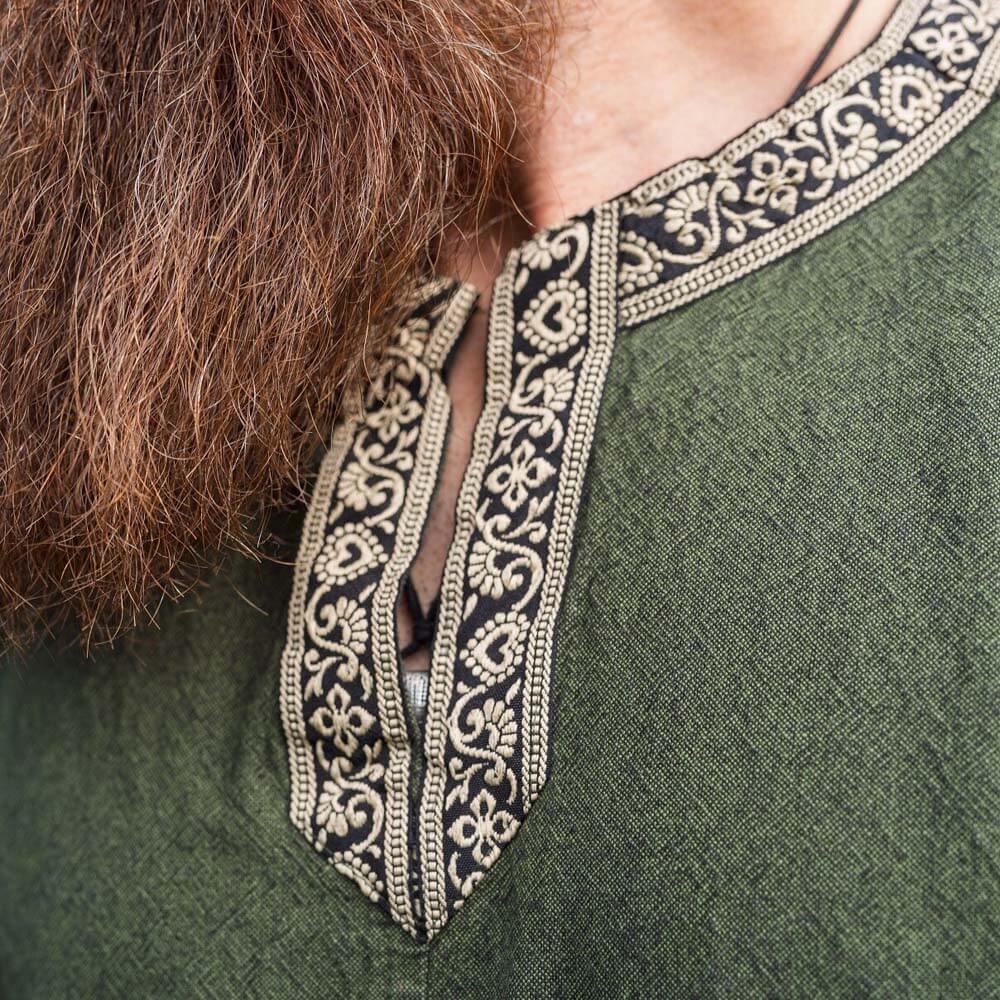 Green Viking Tunic with Short Sleeves, Embroidered Border - Image 5