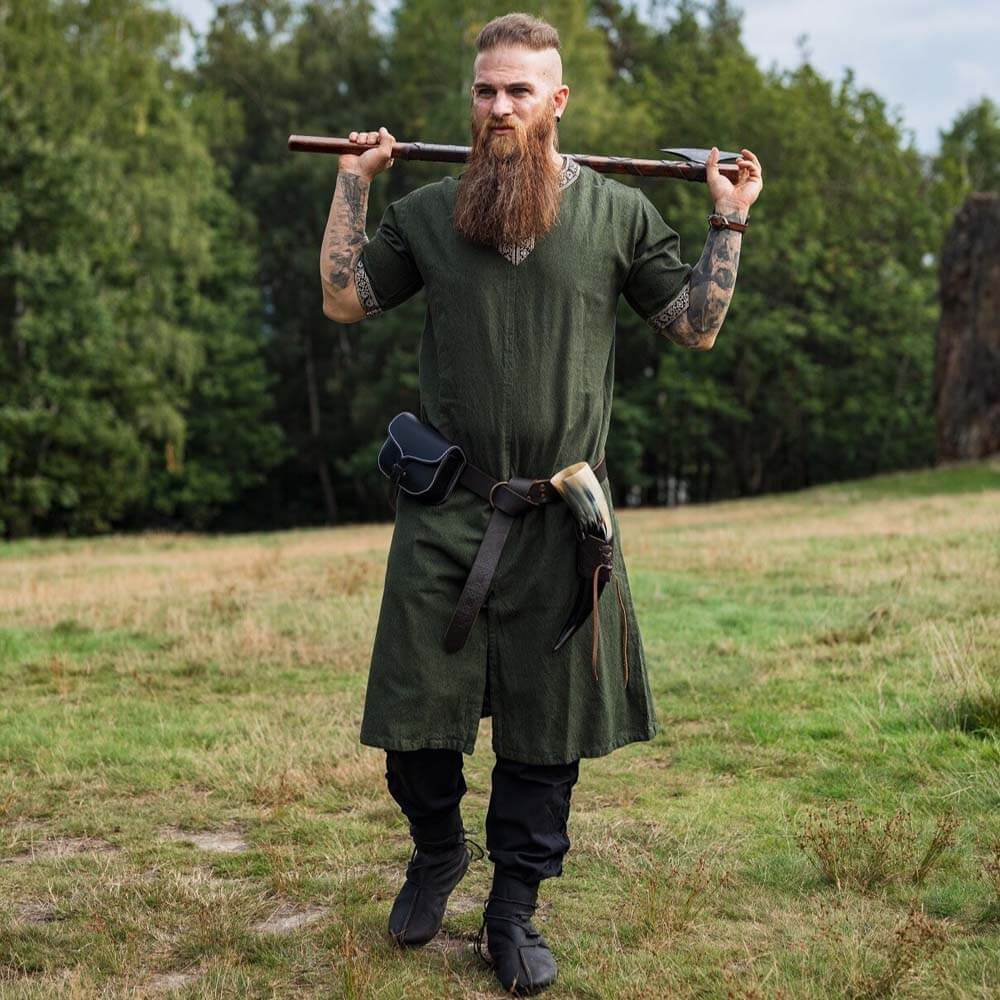 Green Viking Tunic with Short Sleeves, Embroidered Border - Image 6