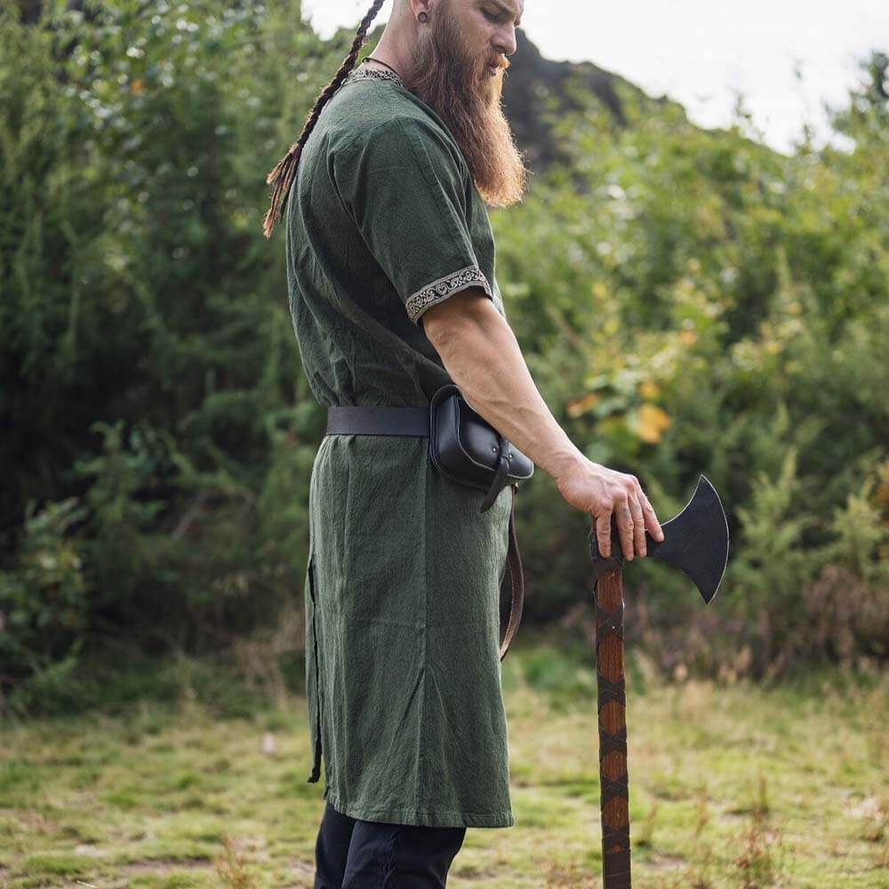 Green Viking Tunic with Short Sleeves, Embroidered Border - Image 7