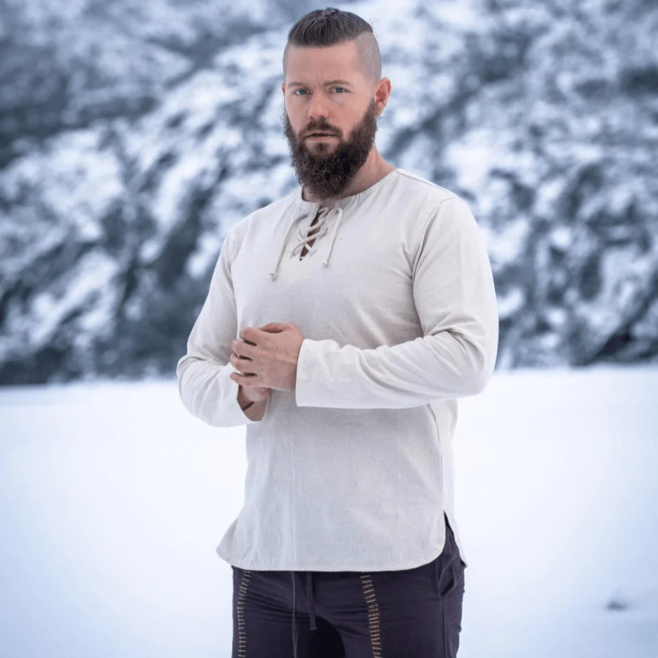 Natural Cotton Viking Tunic | Long Sleeves, Lace-Up Collar - Image 6