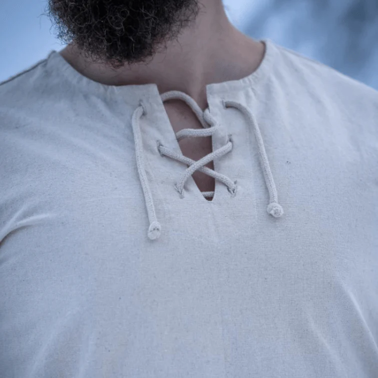 Natural Cotton Viking Tunic | Long Sleeves, Lace-Up Collar - Image 7
