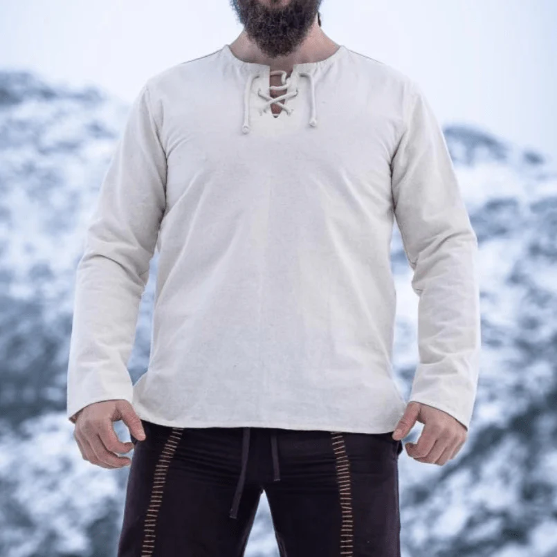 Natural Cotton Viking Tunic | Long Sleeves, Lace-Up Collar - Image 9