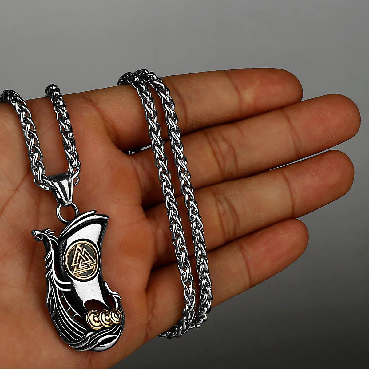 Viking Valknut Longboat Pendant Necklace - Image 2