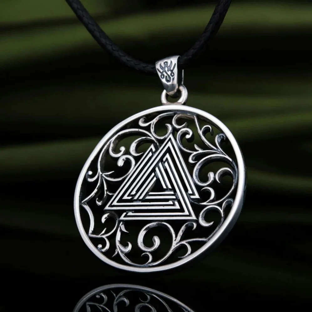 Viking Valknut Filigree Pendant on Black Cord