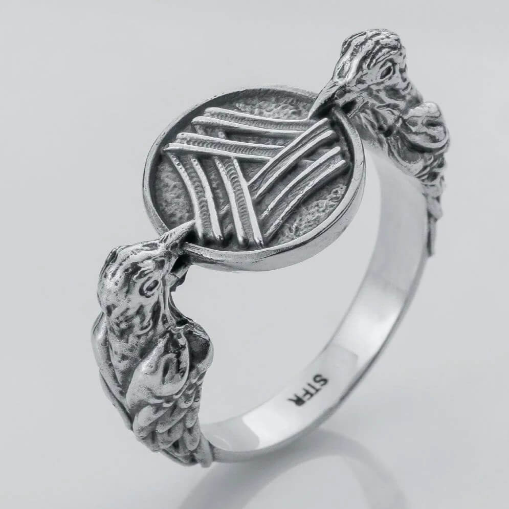Viking Valknut Huginn Muninn Silver Ring - Image 2