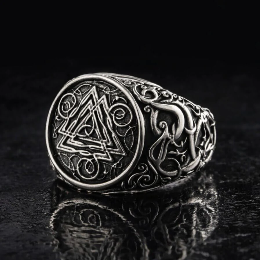Viking Valknut Ornamental Silver Signet Ring