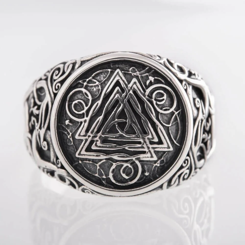 Viking Valknut Ornamental Silver Signet Ring - Image 2