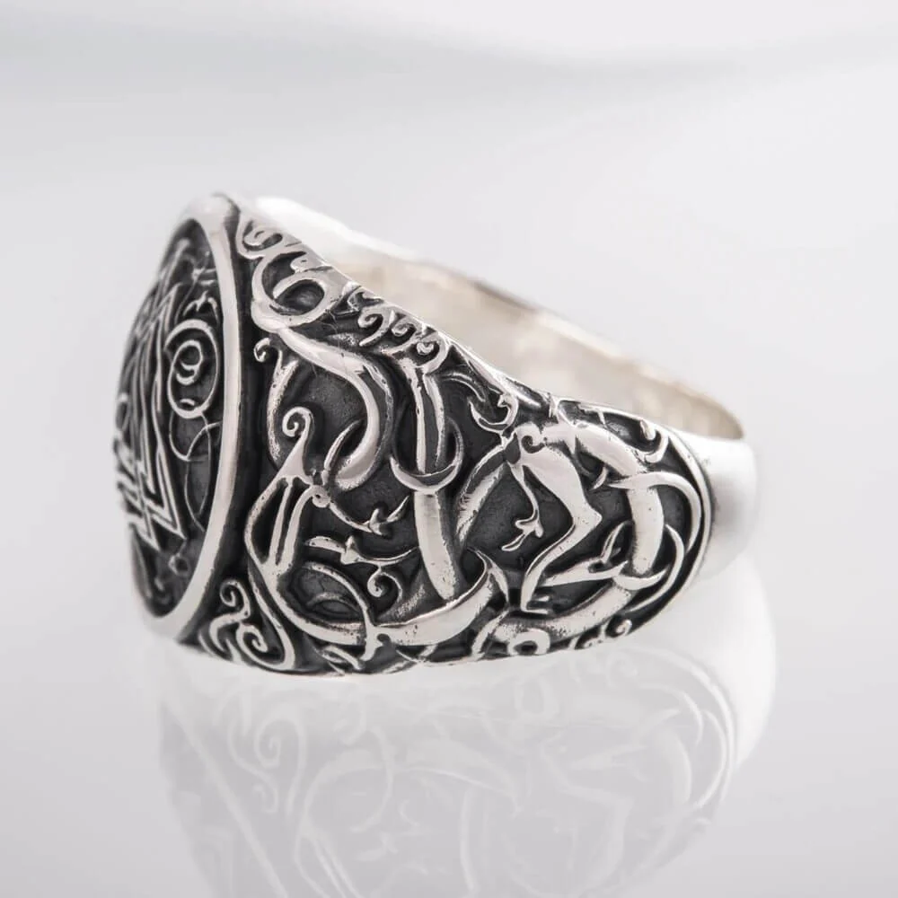 Viking Valknut Ornamental Silver Signet Ring - Image 3