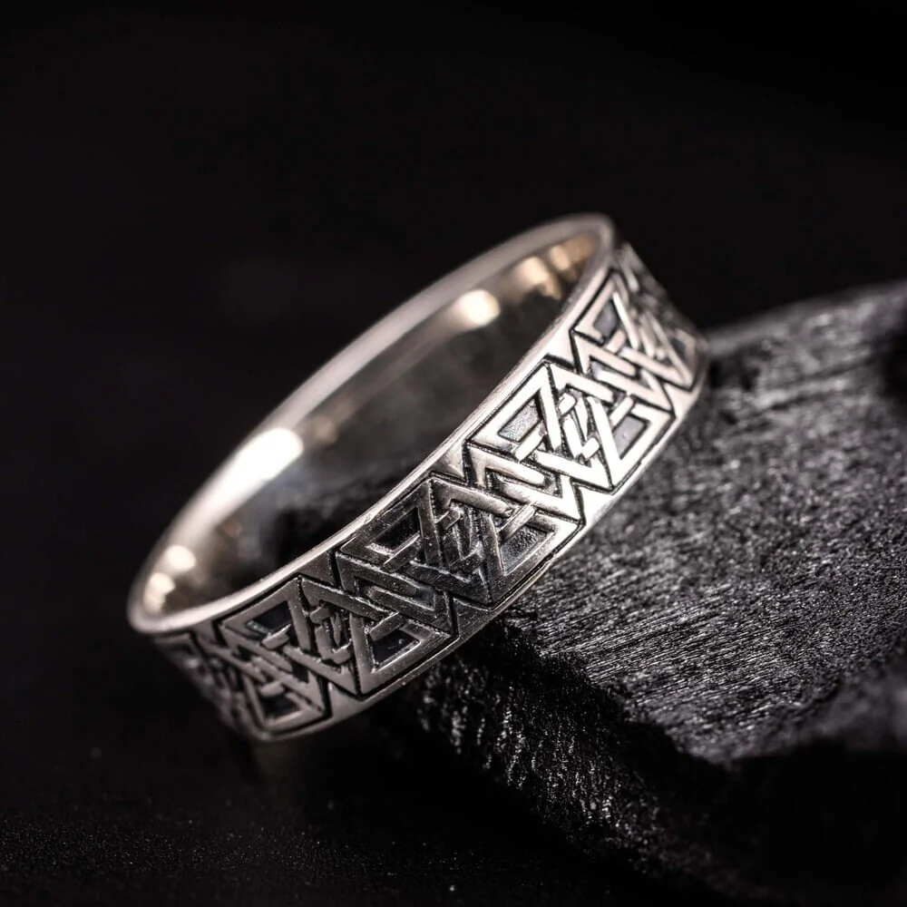 Viking Valknut Pattern Silver Band Ring