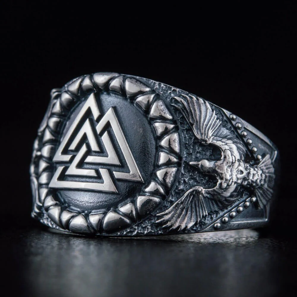 Viking Valknut Raven Silver Statement Ring