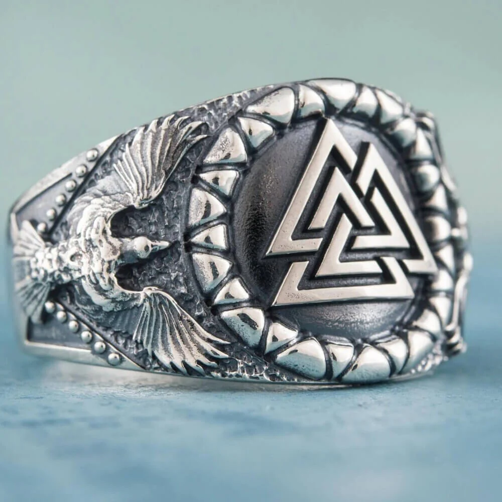 Viking Valknut Raven Silver Statement Ring - Image 2