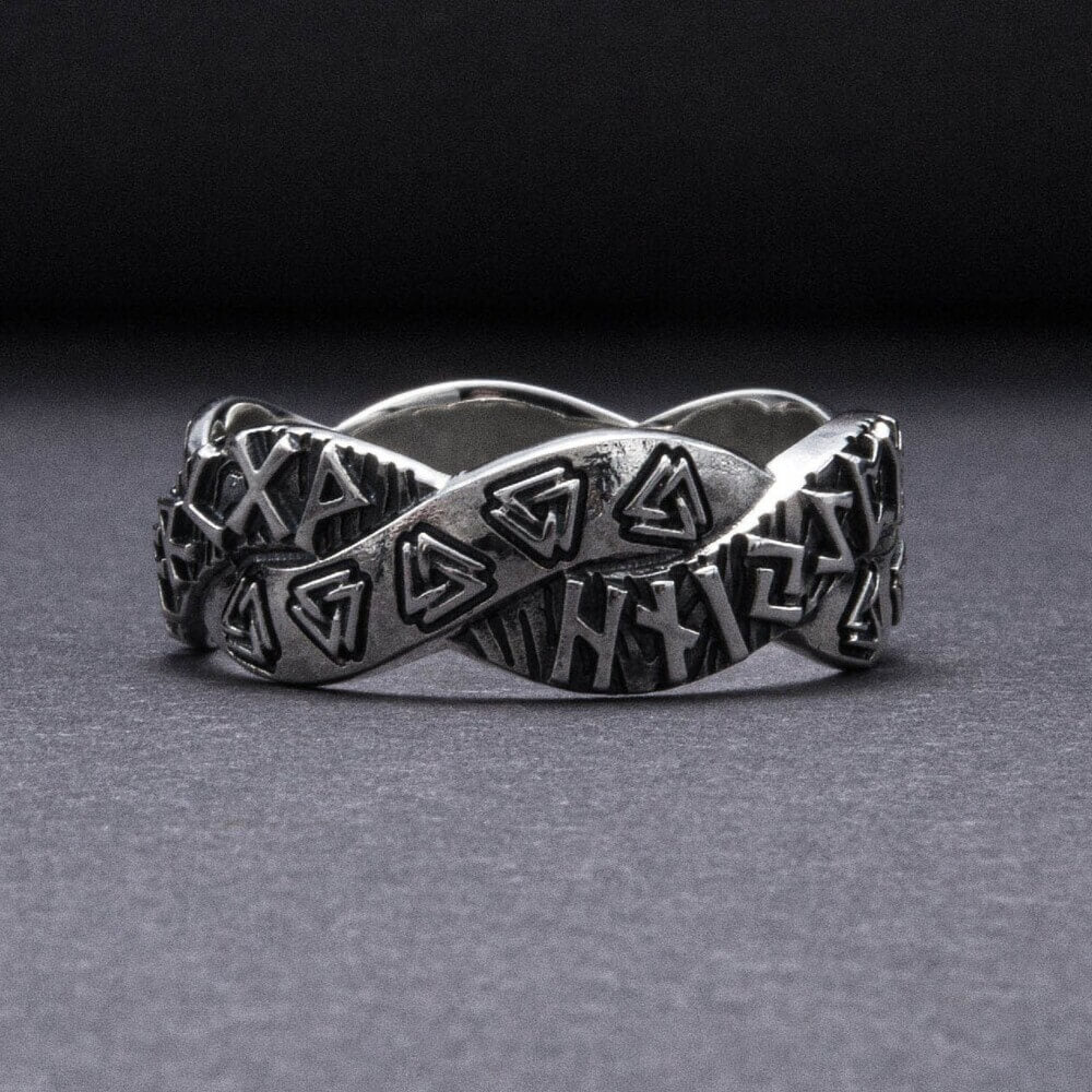 Viking Valknut Rune Silver Braided Ring - Image 3