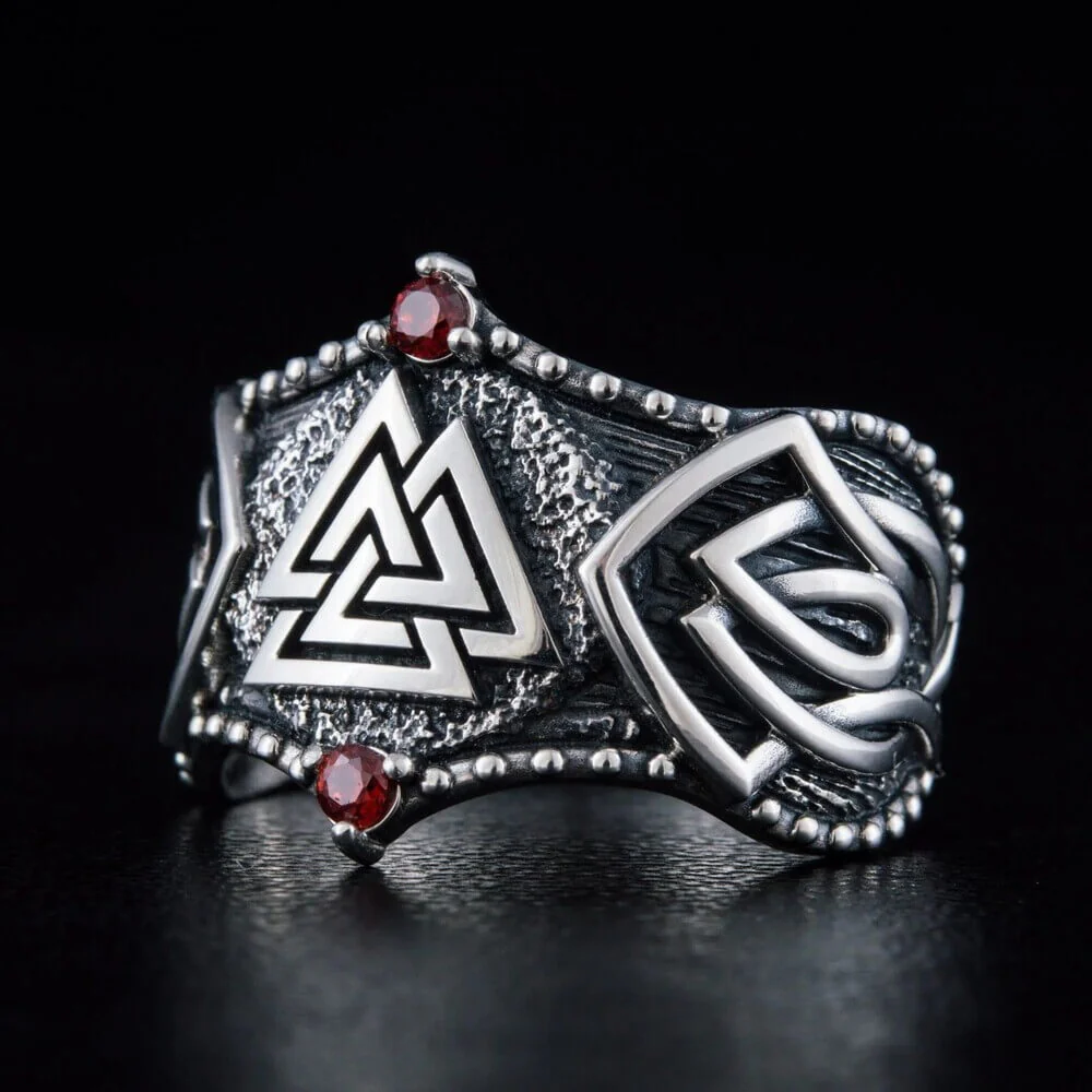 Viking Valknut Silver Ring with Red Stones