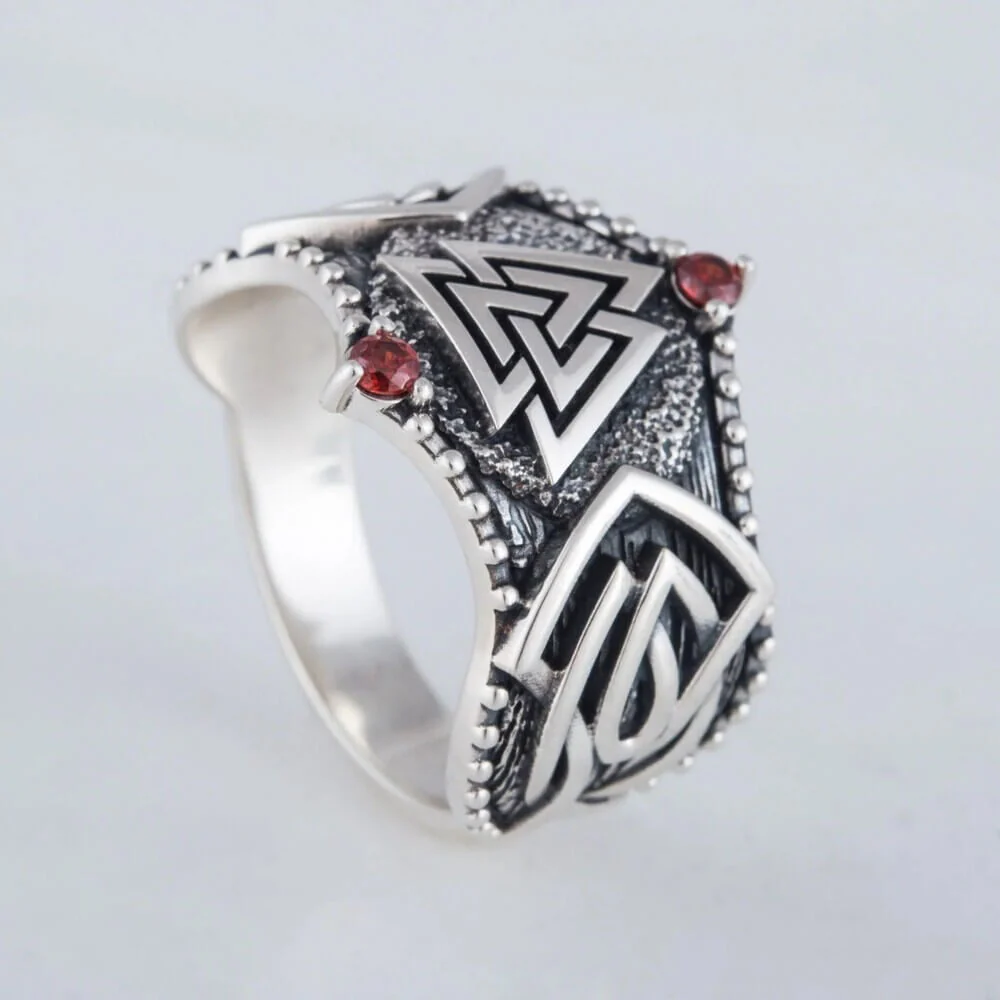 Viking Valknut Silver Ring with Red Stones - Image 2