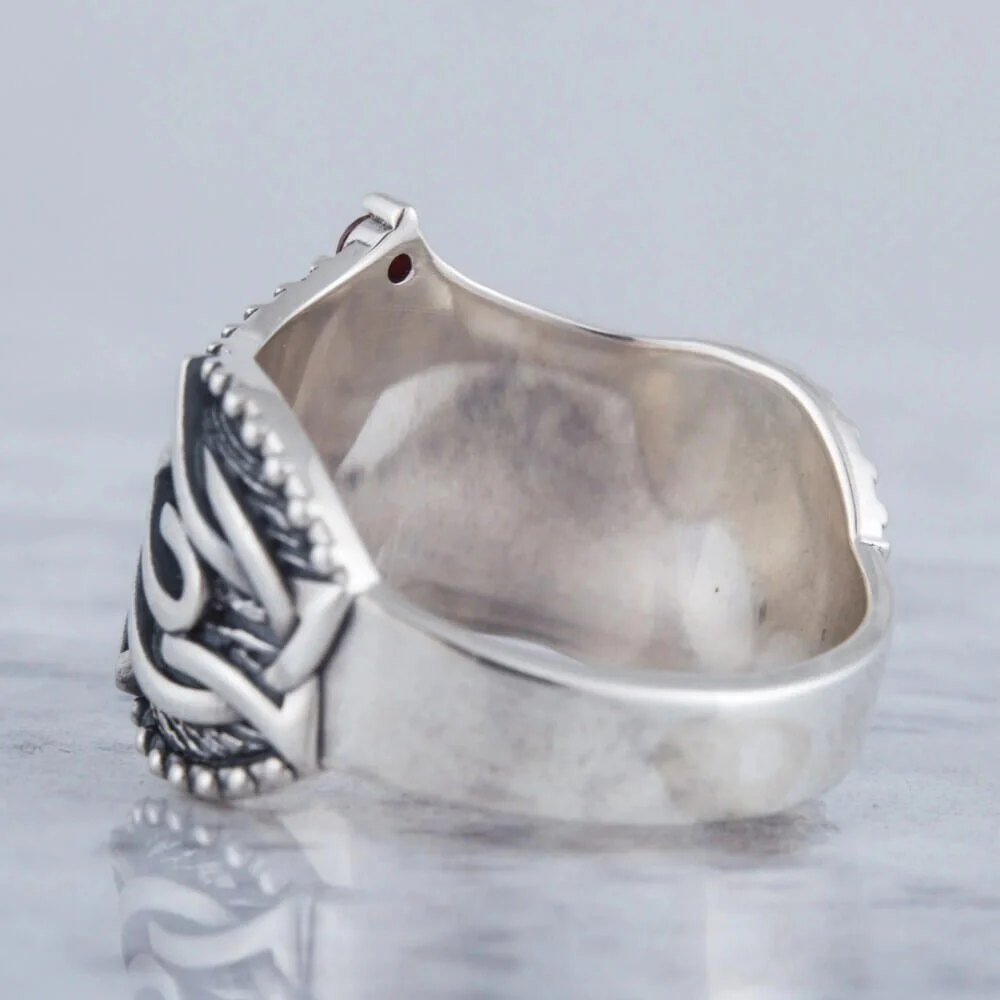 Viking Valknut Silver Ring with Red Stones - Image 3