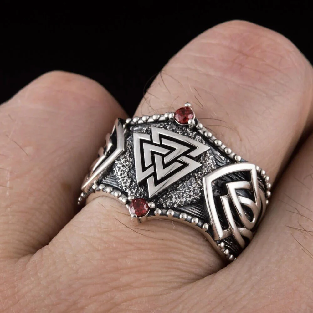 Viking Valknut Silver Ring with Red Stones - Image 4