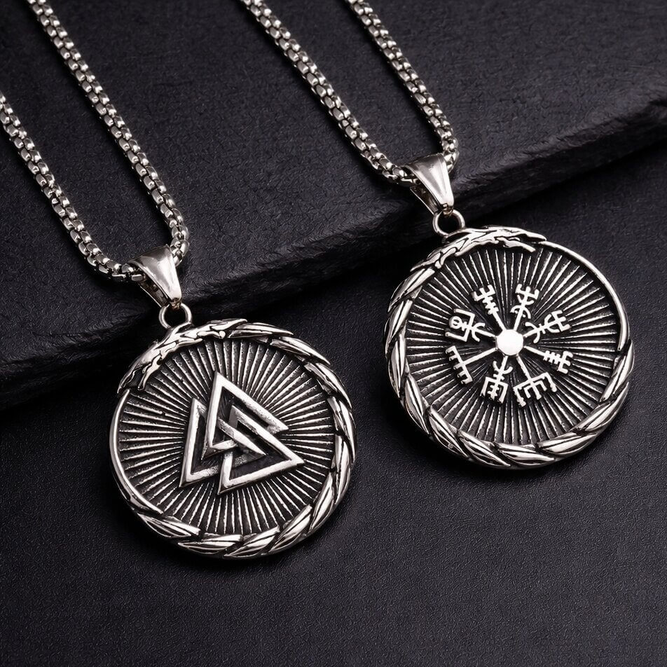 Viking Valknut Vegvisir Compass Necklace