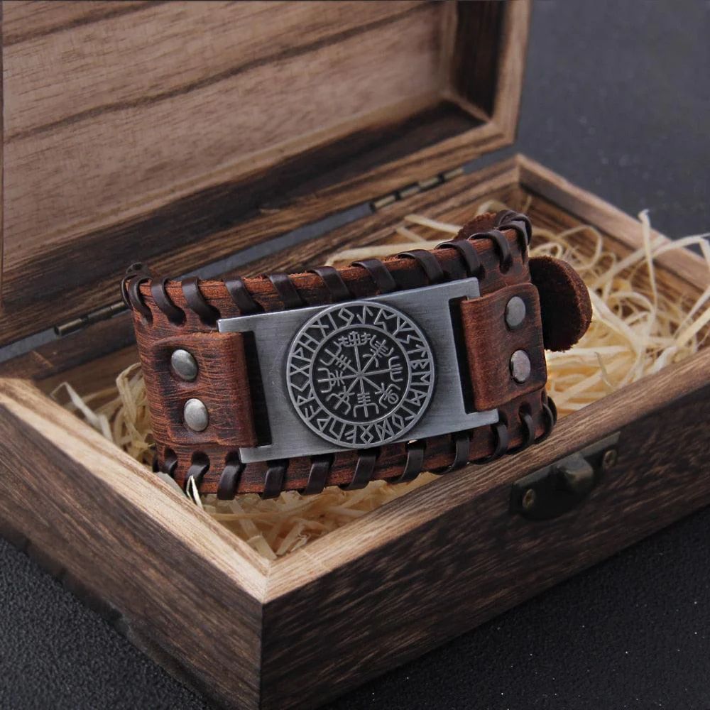 Viking Vegvisir Rune Circle Plate Leather Buckle Cuff Bracelet - Image 10