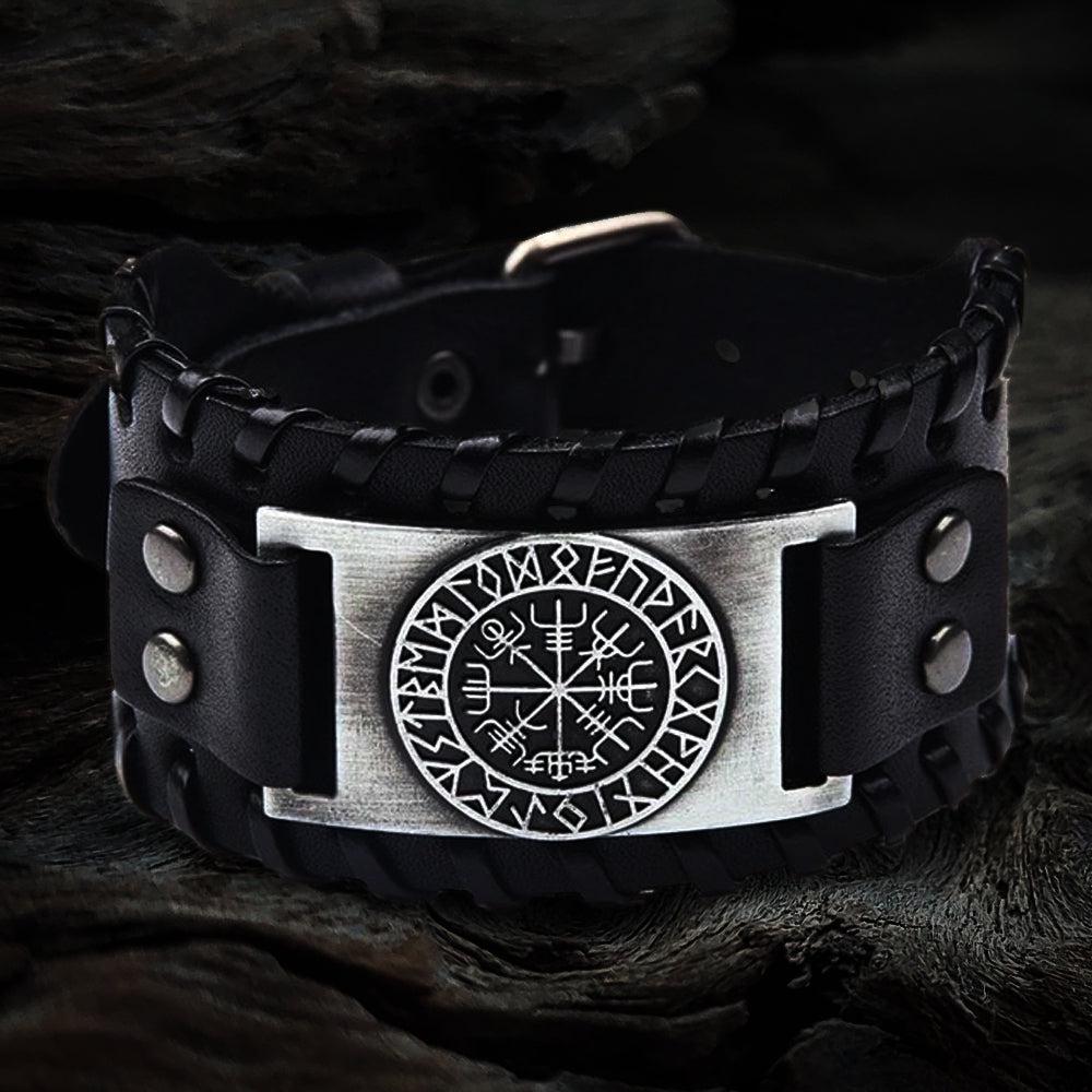 Viking Vegvisir Rune Circle Plate Leather Buckle Cuff Bracelet - Image 11