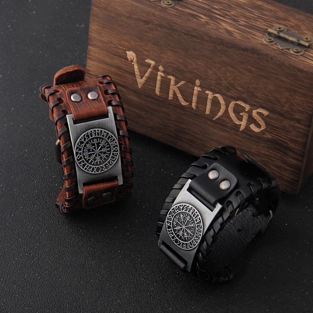 Viking Vegvisir Rune Circle Plate Leather Buckle Cuff Bracelet - Image 3
