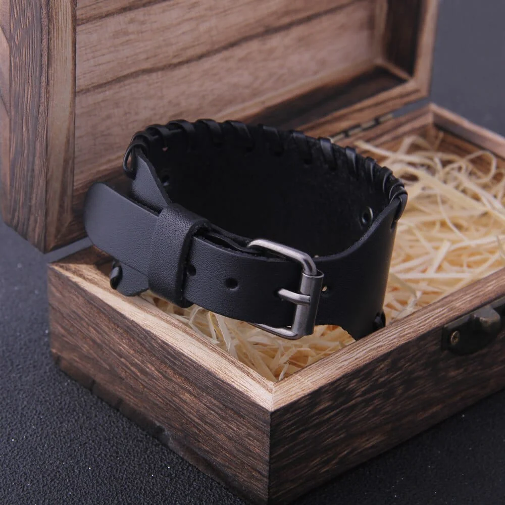 Viking Vegvisir Rune Circle Plate Leather Buckle Cuff Bracelet - Image 4