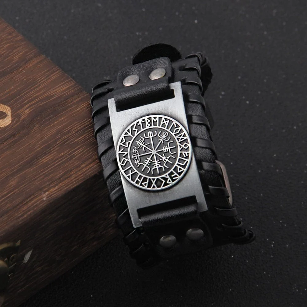 Viking Vegvisir Rune Circle Plate Leather Buckle Cuff Bracelet - Image 5