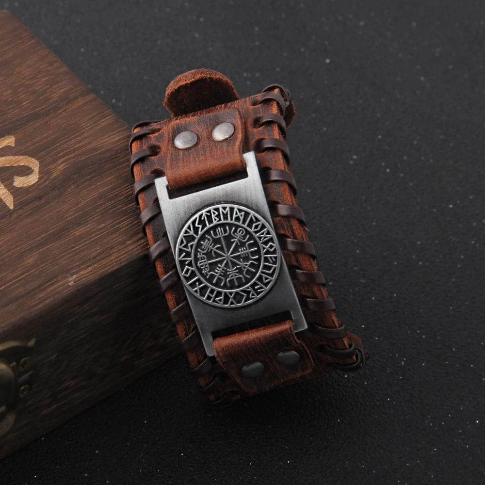 Viking Vegvisir Rune Circle Plate Leather Buckle Cuff Bracelet - Image 6