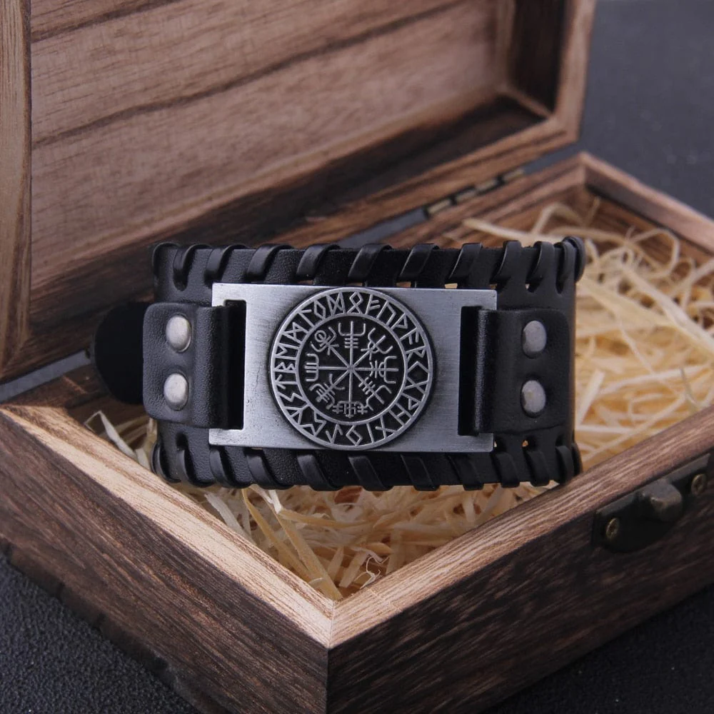 Viking Vegvisir Rune Circle Plate Leather Buckle Cuff Bracelet - Image 7
