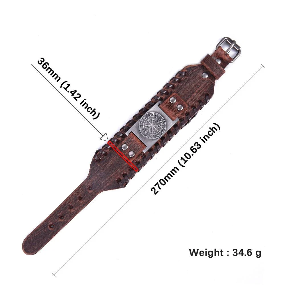Viking Vegvisir Rune Circle Plate Leather Buckle Cuff Bracelet - Image 9