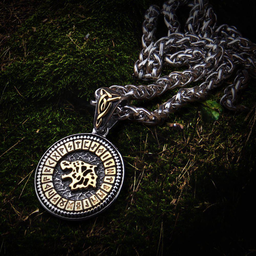 Gold & Steel Viking Fenrir Wolf Futhark Necklace | Norse Jewelry