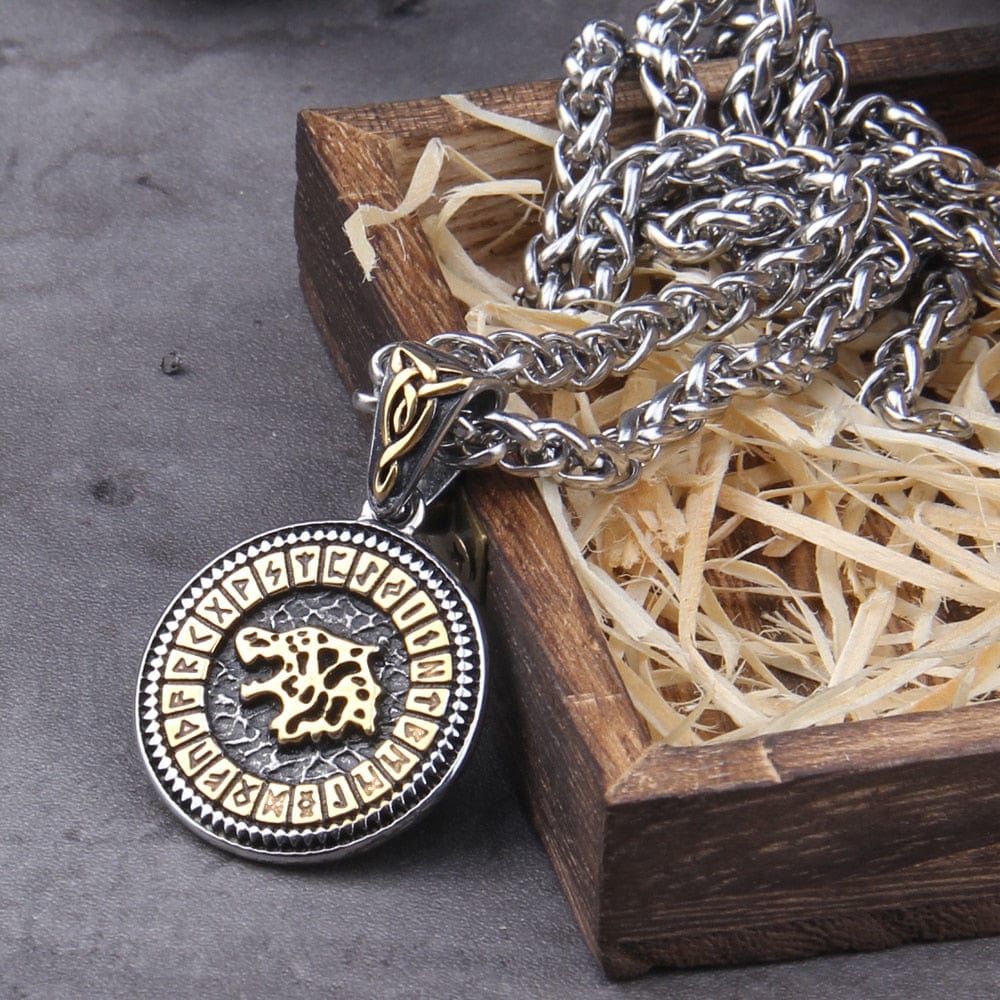 Gold & Steel Viking Fenrir Wolf Futhark Necklace | Norse Jewelry - Image 2
