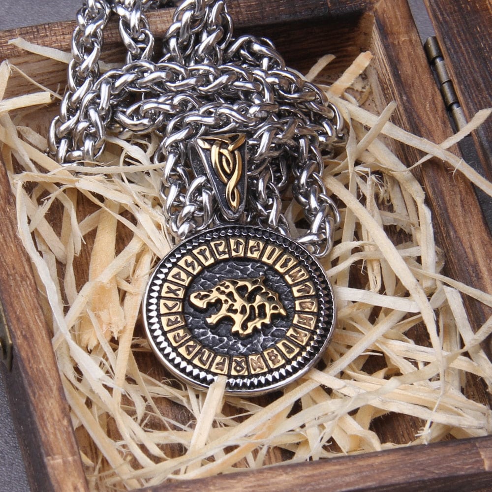 Gold & Steel Viking Fenrir Wolf Futhark Necklace | Norse Jewelry - Image 4