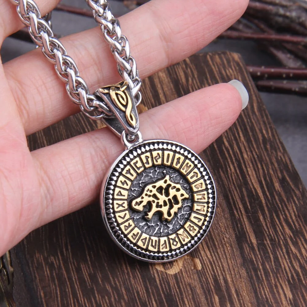 Gold & Steel Viking Fenrir Wolf Futhark Necklace | Norse Jewelry - Image 5