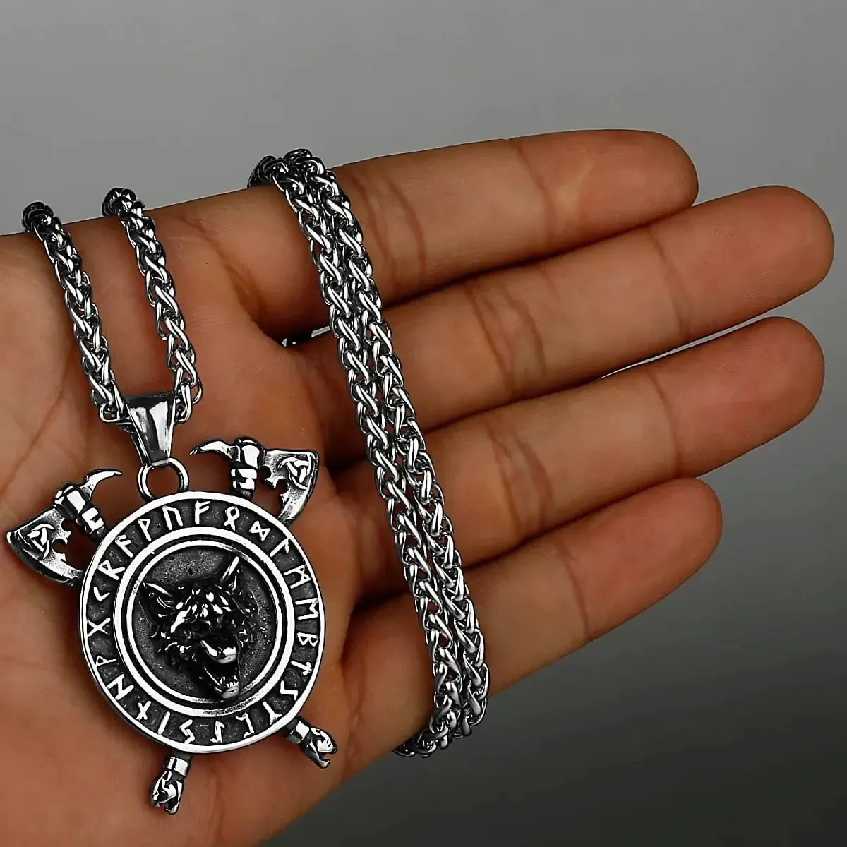 Viking Wolf Necklace Fenrir with Twin Axes and Vegvisir Runic Compass