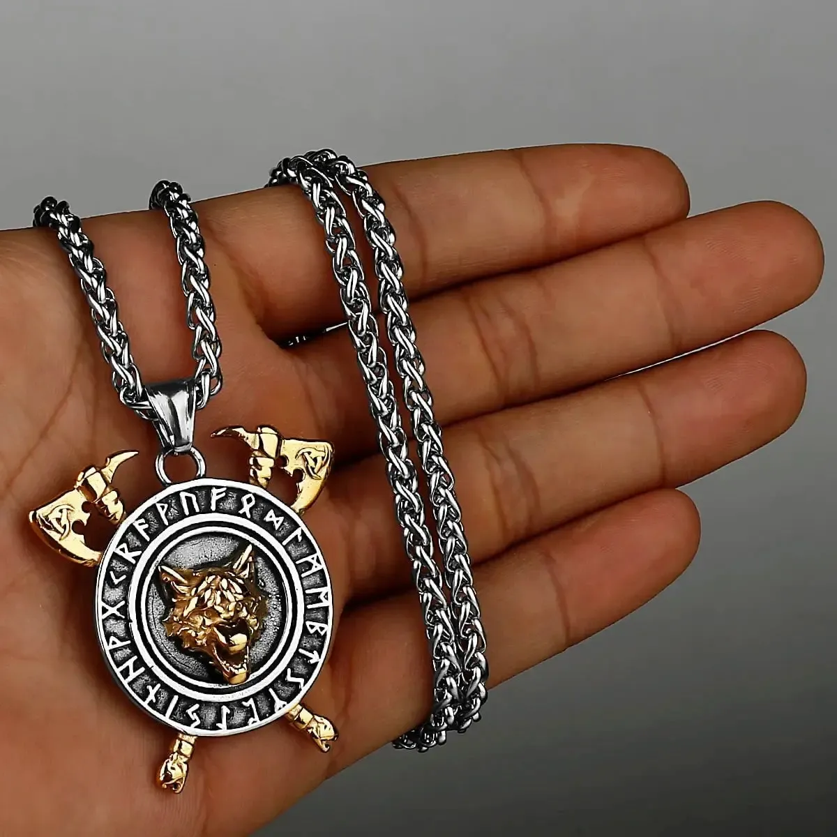 Viking Wolf Necklace Fenrir with Twin Axes and Vegvisir Runic Compass - Image 2
