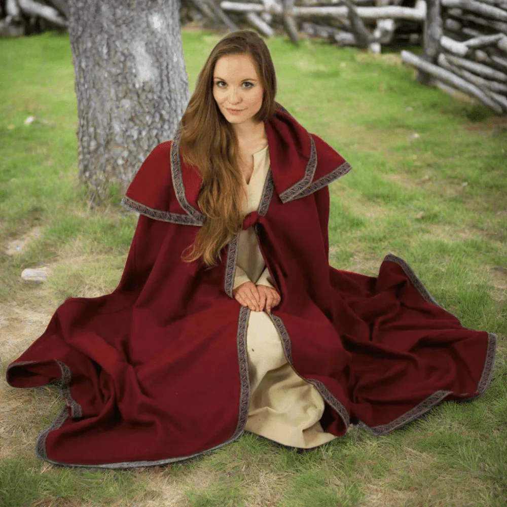 Viking Wool Cloak with Long Hood | Hand-Stitched Embroidery - Image 3