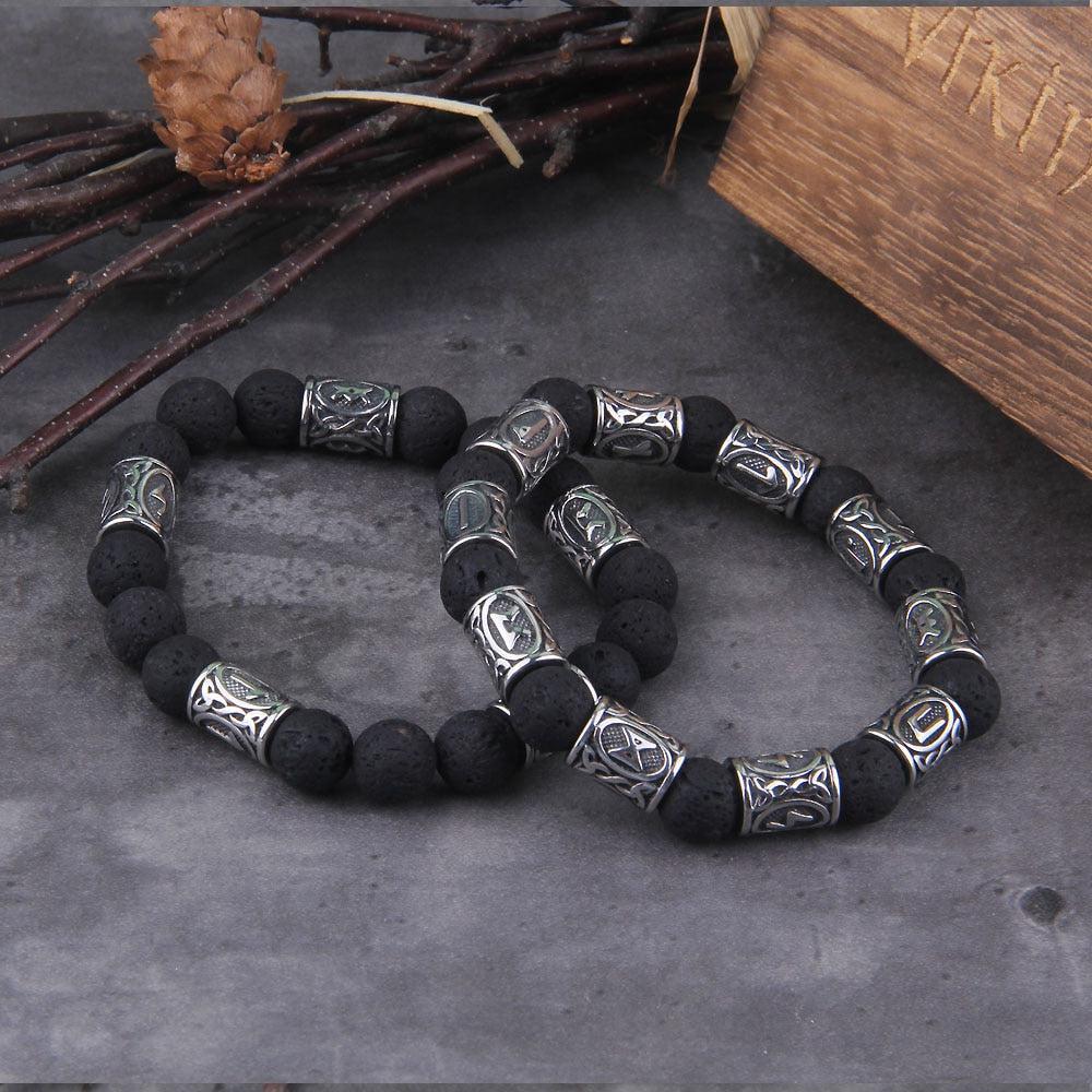 Volcanic Stone and Steel Futhark Bead Bracelet - Image 2